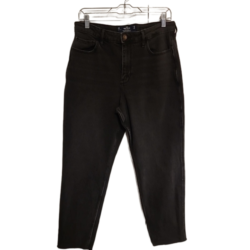 Hollister Ultra High Rise Mom Stretch Black Distress Hem Jeans 15R W32 L27  EUC